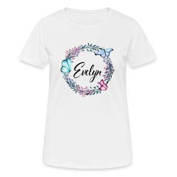 Evelyn, Name, Schriftzug, Blumenkranz, Geschenk - Frauen T-Shirt atmungsaktiv - Weiß - Vorne - AI Model Female 172 dark (172cm)
