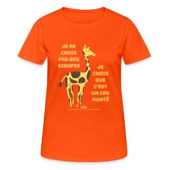 Humour girafe - Jeux de mots cou monté - Cadeau - T-shirt respirant Femme - orange néon - Devant - AI Model Female 172 dark (172cm)