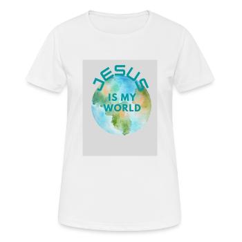JESUS IST MEINE WELT - Frauen T-Shirt atmungsaktiv - Weiß - Vorne - AI Model Female 172 dark (172cm)