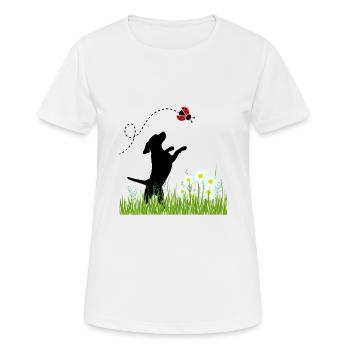 Frühlingsdesign - Hund, Wiese und Marienkäfer - Frauen T-Shirt atmungsaktiv - Weiß - Vorne - AI Model Female 172 dark (172cm)