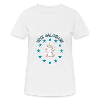 "Erst mal chillen Einhorn" - Frauen T-Shirt atmungsaktiv - Weiß - Vorne - AI Model Female 172 dark (172cm)
