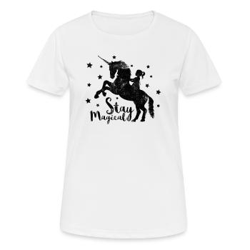 KLEINES MÄDCHEN AUF DEM EINHORN STAY MAGICAL - Frauen T-Shirt atmungsaktiv - Weiß - Vorne - AI Model Female 172 dark (172cm)