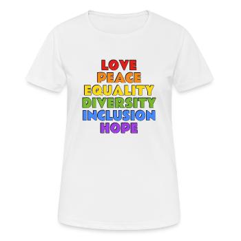 LGBTQ-Pride-Werte - Frauen T-Shirt atmungsaktiv - Weiß - Vorne - AI Model Female 172 dark (172cm)