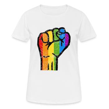 FAUST Homo Gay Pride Regenbogenfahne CSD LGBT - Frauen T-Shirt atmungsaktiv - Weiß - Vorne - AI Model Female 172 dark (172cm)