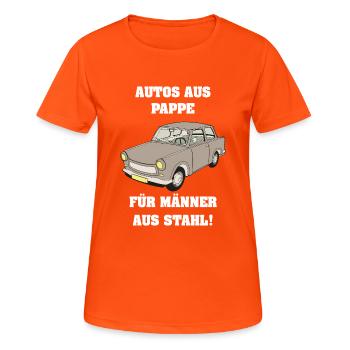 Autos aus Pappe für Männer aus Stahl - Frauen T-Shirt atmungsaktiv - Neonorange - Vorne - AI Model Female 172 dark (172cm)