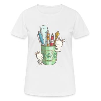 Zwei niedliche Hasen an einem Stiftbecher - Frauen T-Shirt atmungsaktiv - Weiß - Vorne - AI Model Female 172 dark (172cm)