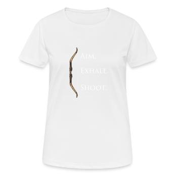 Aim Exhale Shoot Langbogen Bogenschießen Sport - Frauen T-Shirt atmungsaktiv - Weiß - Vorne - AI Model Female 172 dark (172cm)
