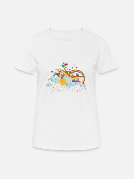 märchenhafter Regenbogen Himmel mit Wolken & Blume - Frauen T-Shirt atmungsaktiv - Weiß