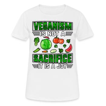 Le véganisme n’est pas un sacrifice, c’est une joie - T-shirt respirant Femme - blanc - Devant - AI Model Female 172 dark (172cm)