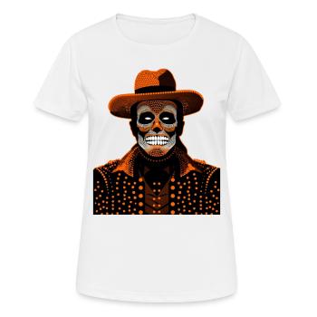Ein Mann mit Skelettgesicht, der einen Hut und einen schicken Mantel trägt - Frauen T-Shirt atmungsaktiv - Weiß - Vorne - AI Model Female 172 dark (172cm)