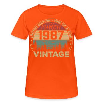 März 1987 - Bestes Geburtstagsgeschenk März 1987 - Frauen T-Shirt atmungsaktiv - Neonorange - Vorne - AI Model Female 172 dark (172cm)