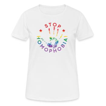 Le drapeau LGBT colore l’empreinte de la main arrête l’homophobie signe - T-shirt respirant Femme - blanc - Devant - AI Model Female 172 dark (172cm)