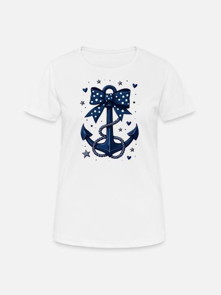Blauer Anker mit gepunkteter Schleife - Frauen T-Shirt atmungsaktiv - Weiß
