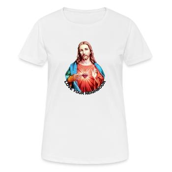 LOVE UR NEIGHBOUR Jesus Christus Handsegen LINKS - Frauen T-Shirt atmungsaktiv - Weiß - Vorne - AI Model Female 172 dark (172cm)