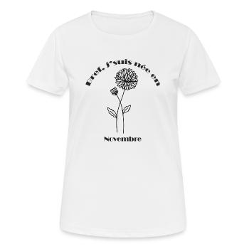 Cadeau Anniversaire - Fleur de Naissance Novembre - T-shirt respirant Femme - blanc - Devant - AI Model Female 172 dark (172cm)