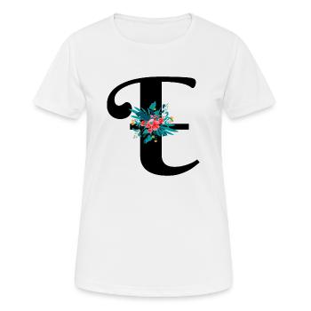Buchstabe E geblümt - Frauen T-Shirt atmungsaktiv - Weiß - Vorne - AI Model Female 172 dark (172cm)