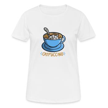 Catpuccino - lustige Katze in Kaffee - Cappuccino - Frauen T-Shirt atmungsaktiv - Weiß - Vorne - AI Model Female 172 dark (172cm)