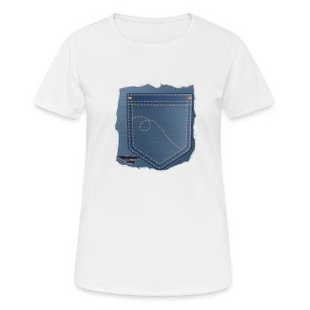 abgerissener Jeans Stoff mit Hosentasche - Frauen T-Shirt atmungsaktiv - Weiß - Vorne - AI Model Female 172 dark (172cm)