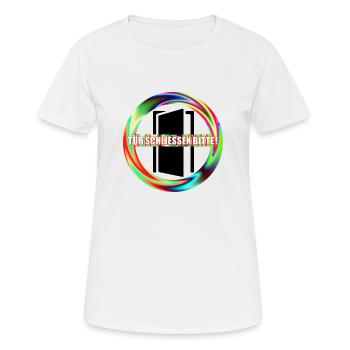 Tuer schliessen bitte | Tür schließen bitte - Frauen T-Shirt atmungsaktiv - Weiß - Vorne - AI Model Female 172 dark (172cm)