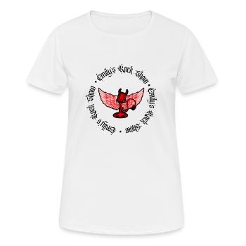 Emily's Rock Show - Schwarzer Text und weißer Text Log - Frauen T-Shirt atmungsaktiv - Weiß - Vorne - AI Model Female 172 dark (172cm)