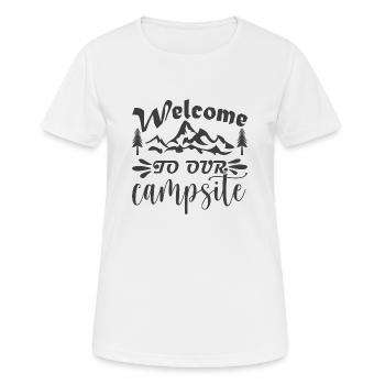 Bienvenue dans notre camping - T-shirt respirant Femme - blanc - Devant - AI Model Female 172 dark (172cm)