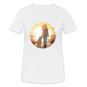 Frau mit Golden Retriever im Sonnenuntergang - Frauen T-Shirt atmungsaktiv - Weiß - Vorne - AI Model Female 172 dark (172cm)