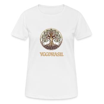 The large ash tree Yggdrasil, world tree with writing - Women's Breathable T-Shirt - white - Front - AI Model Female 172 dark (172cm)