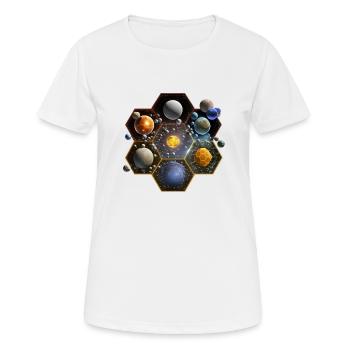 Système solaire hexagonal - T-shirt respirant Femme - blanc - Devant - AI Model Female 172 dark (172cm)