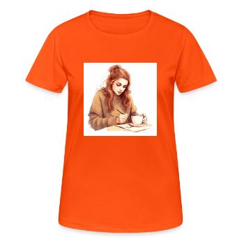 Coffee Serenade: dessin captivant d’une femme - T-shirt respirant Femme - orange néon - Devant - AI Model Female 172 dark (172cm)