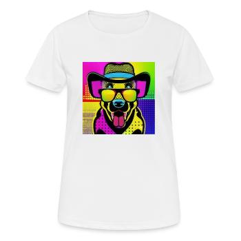 DOG POP, ein Hund mit sehr bunten Brillen - Frauen T-Shirt atmungsaktiv - Weiß - Vorne - AI Model Female 172 dark (172cm)