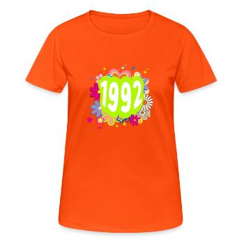 Year 1992 anniversary Groovy floral - Women's Breathable T-Shirt - neon orange - Front - AI Model Female 172 dark (172cm)