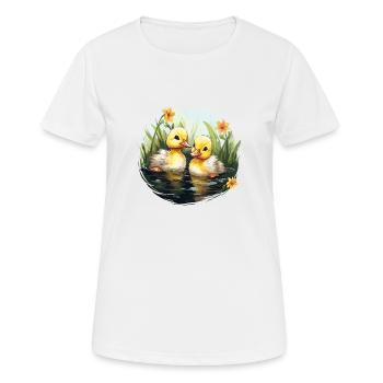 Zwei süße Babyenten im Teich - Frauen T-Shirt atmungsaktiv - Weiß - Vorne - AI Model Female 172 dark (172cm)