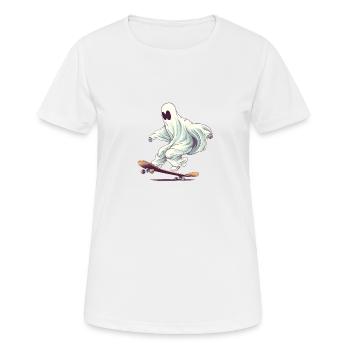 Cool Cartoon Halloween Ghost on his Skateboard - Women's Breathable T-Shirt - white - Front - AI Model Female 172 dark (172cm)