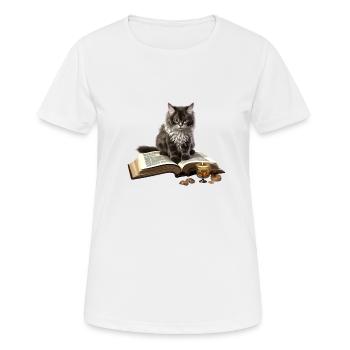 Katzen Magie Buch Lesen Blick Kerzenschein - Frauen T-Shirt atmungsaktiv - Weiß - Vorne - AI Model Female 172 dark (172cm)