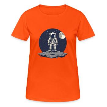 Astronaut Frontal Asteroid Mond Hintergrund - Frauen T-Shirt atmungsaktiv - Neonorange - Vorne - AI Model Female 172 dark (172cm)