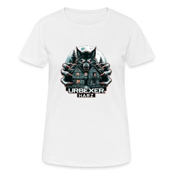 Wolf Urbexer Aufdruck mit einem Lostplace - Frauen T-Shirt atmungsaktiv - Weiß - Vorne - AI Model Female 172 dark (172cm)
