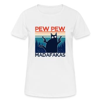 pew pew funny cat lustige katze geschenkidee - Frauen T-Shirt atmungsaktiv - Weiß - Vorne - AI Model Female 172 dark (172cm)