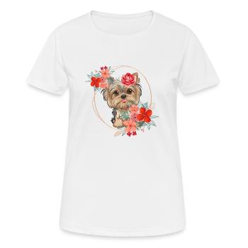 Frühlingsdesign - Yorkshire Terrier im Blumenkranz - Frauen T-Shirt atmungsaktiv - Weiß - Vorne - AI Model Female 172 dark (172cm)