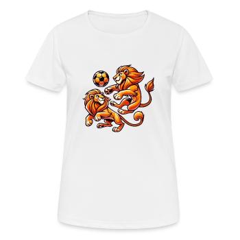 Orangefarbene Löwen spielen Fußball - Frauen T-Shirt atmungsaktiv - Weiß - Vorne - AI Model Female 172 dark (172cm)