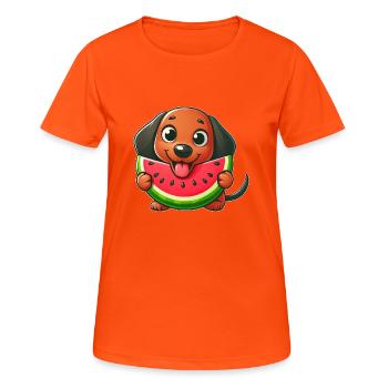Cooler Dackel Wassermelone Cartoon Sommer Comic - Frauen T-Shirt atmungsaktiv - Neonorange - Vorne - AI Model Female 172 dark (172cm)