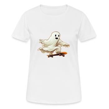 Funny Cartoon Comic style Ghost on his Skateboard - Women's Breathable T-Shirt - white - Front - AI Model Female 172 dark (172cm)