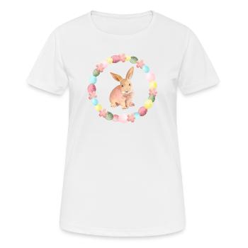 Cute rabbit with wreath of flowers + Easter eggs - Women's Breathable T-Shirt - white - Front - AI Model Female 172 dark (172cm)