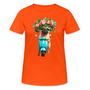 E-Rolller Mops mit Blumenkranz - Frauen T-Shirt atmungsaktiv - Neonorange - Vorne - AI Model Female 172 dark (172cm)