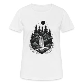 Tattoo-Stil Wasserfall Logo mit Kiefern und Felsen - Frauen T-Shirt atmungsaktiv - Weiß - Vorne - AI Model Female 172 dark (172cm)