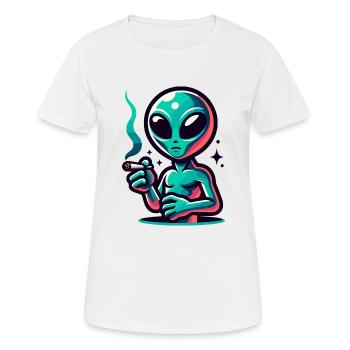 Alien mit Joint Zigarette rauchen - Frauen T-Shirt atmungsaktiv - Weiß - Vorne - AI Model Female 172 dark (172cm)