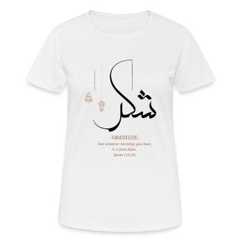 Gratitude Islamic Calligraphy Art - Quran 16:53 - Women's Breathable T-Shirt - white - Front - AI Model Female 172 dark (172cm)