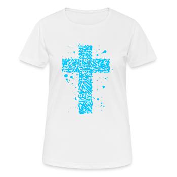 Blaues Graffiti-Kreuz - Frauen T-Shirt atmungsaktiv - Weiß - Vorne - AI Model Female 172 dark (172cm)