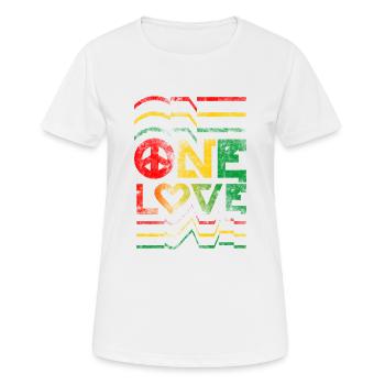 ein rotes gelbgrünes beunruhigtes T-Shirt des Liebesreggae - Frauen T-Shirt atmungsaktiv - Weiß - Vorne - AI Model Female 172 dark (172cm)