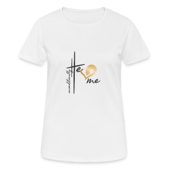 Christliches Design Er liebt mich bedingungslos - Frauen T-Shirt atmungsaktiv - Weiß - Vorne - AI Model Female 172 dark (172cm)