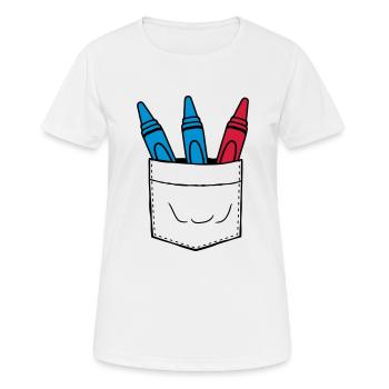 Bunte Wachsmalstifte Brusttasche unterwegs - Frauen T-Shirt atmungsaktiv - Weiß - Vorne - AI Model Female 172 dark (172cm)